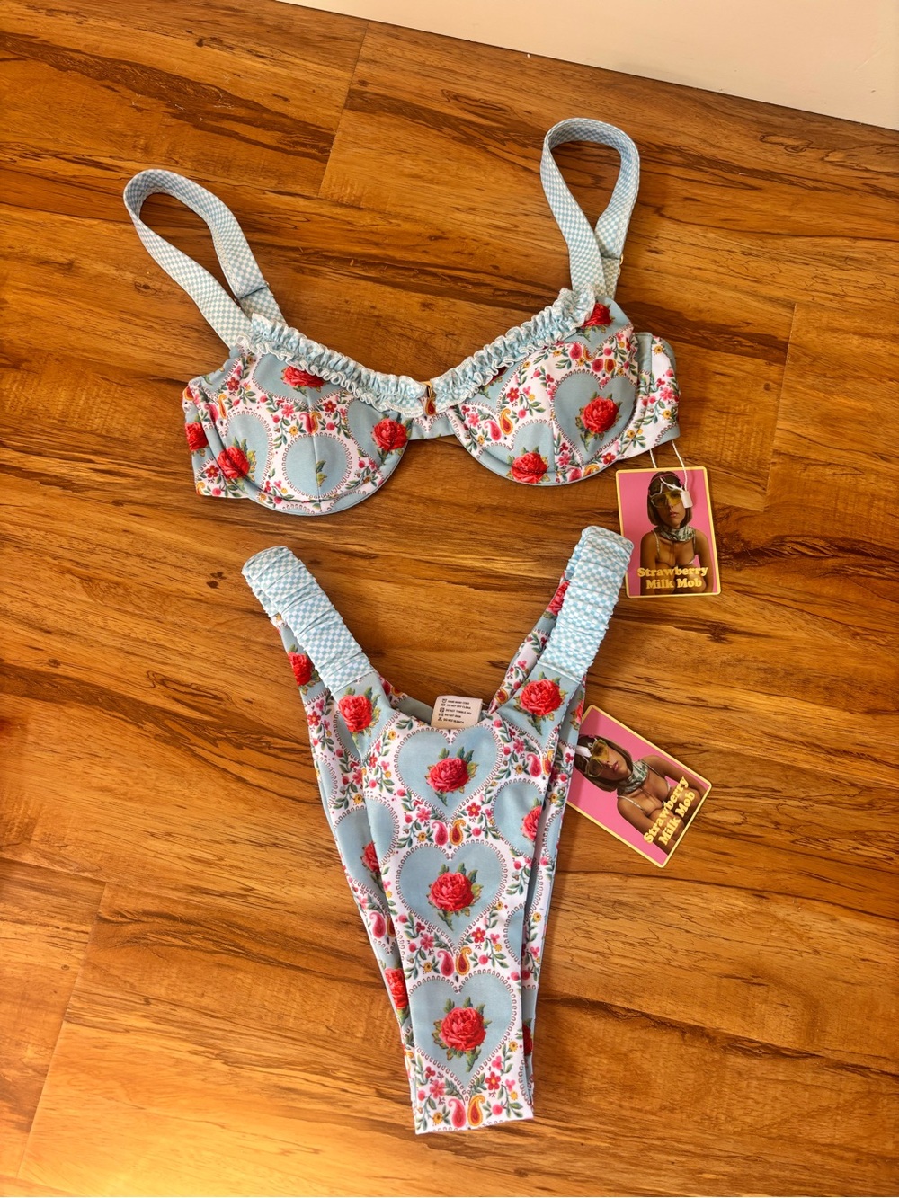 Strawberry Milk Mob Light Blue Bikini Set with Red Rose Print